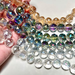 15-16mm Faceted Round Crystal Beads, 15 inch Strand Blue Purple Green Golden AB Jewelry Suncatchers Supplies, Glass Earring Necklace CE49