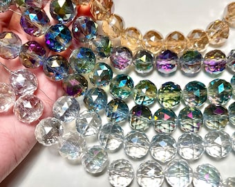Contas de cristal facetadas redondas de 15 a 16 mm, fio de 38 cm (15 polegadas) nas cores azul, roxo, verde e dourado (AB), para bijuterias, acessórios para pendurar em janelas e brincos (CE49).