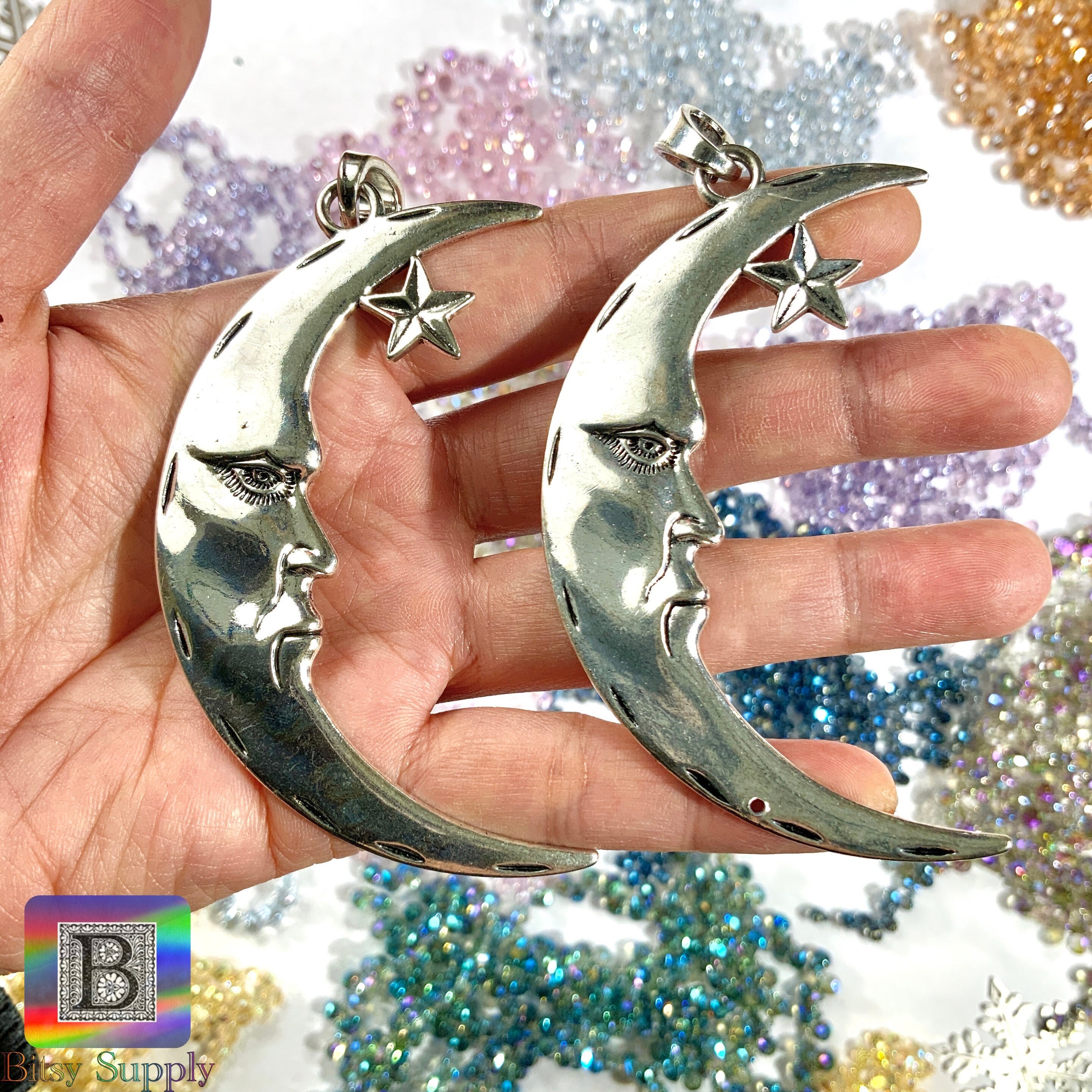Set of 2 Large 3.5 Inch Moon Face Pendant for Suncatchers | 85mm