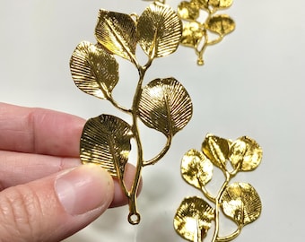 3 pcs Large 2-Hole Leaf Sprig for Suncatchers, 3 inch Gold Metal Branch Plant Focal for Jewelry, Ornaments DIY Craft Supplies Connector CH44