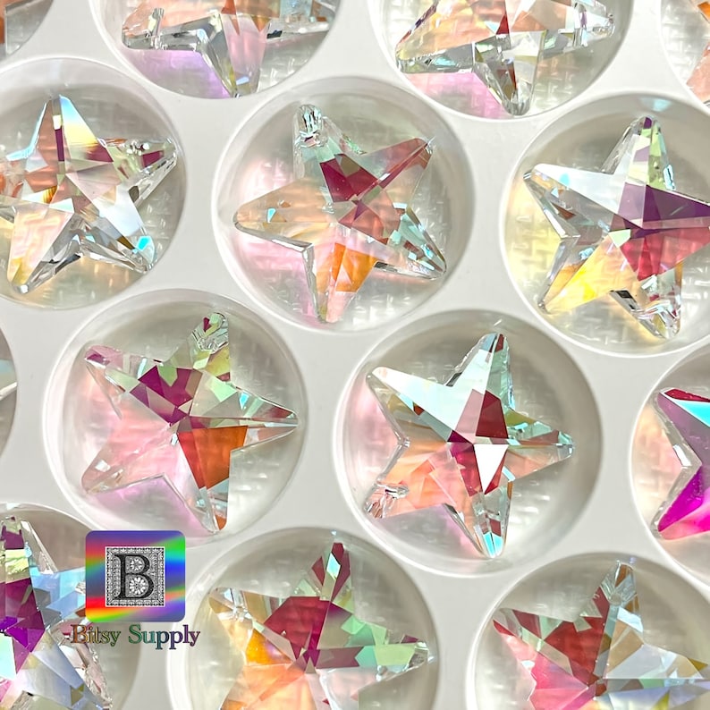 28mm AB Star Crystal Pendant | AB Aura Coated | 1-Hole Glass Prism | Star for Suncatcher Jewelry BD60 image 1
