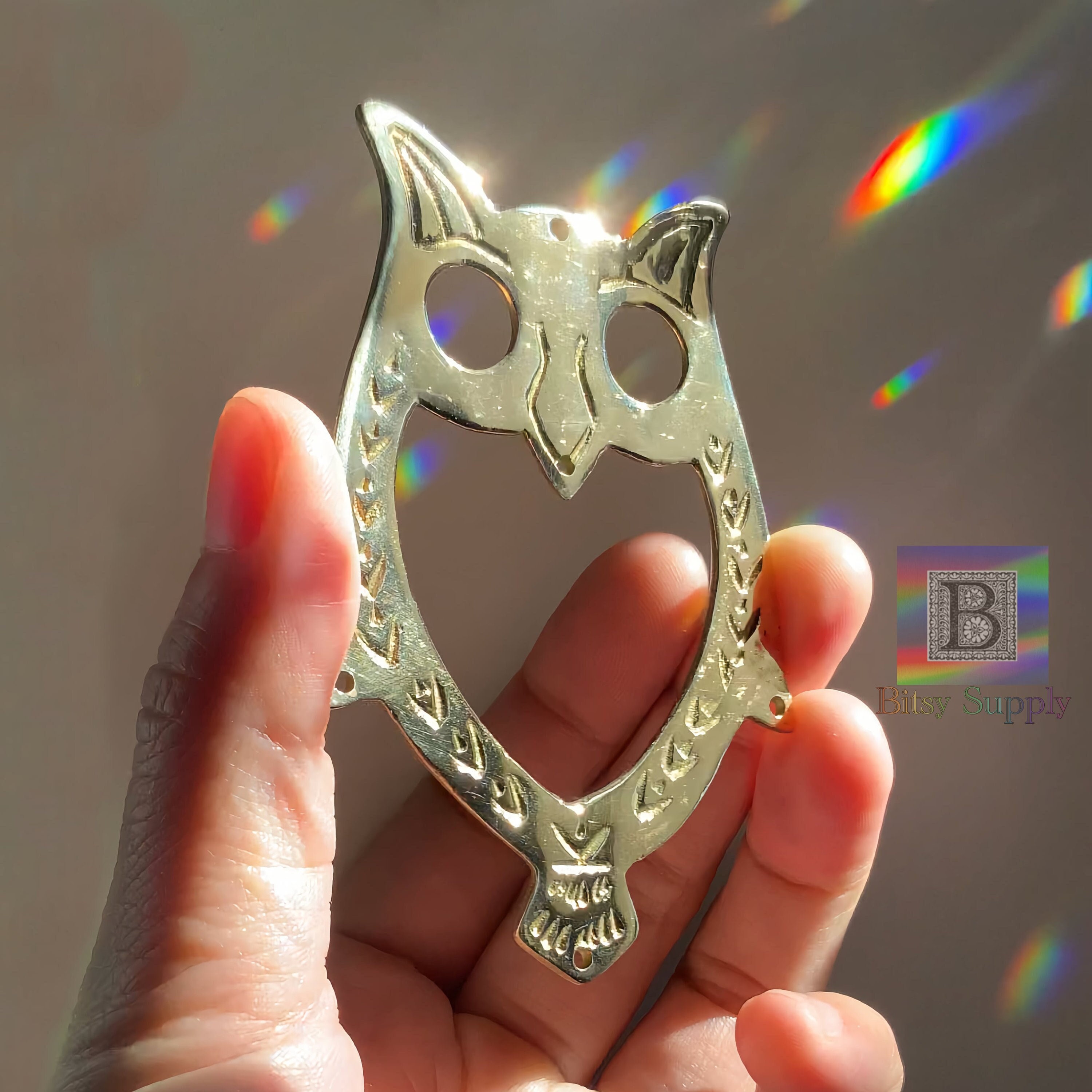 Owl Suncatcher Frame Brass 3.375 inch 87mm Pre-Drilled with Five Holes Polished Etched Cast Brass Ra