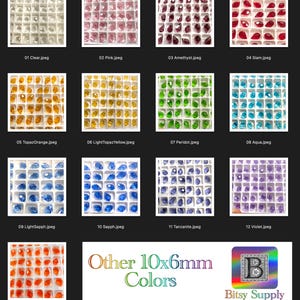 May include: Assortment of 10x6mm pear-shaped crystal beads in various colors, including clear, pink, amethyst, siam, topaz orange, light topaz yellow, peridot, aqua, light sapphire, sapphire, tanzanite, violet, and hyacinth.  The beads are arranged in rows in small plastic containers.  The image includes the text "Other 10x6mm Colors" and "Bitsy Supply".