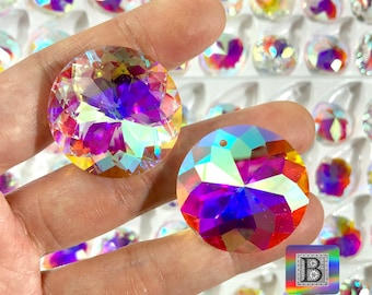 Set of 2- 30mm AB Crystal Disc Sun Catcher Prisms for Windows | 1 Hole | Aura / AB Coated | Leaded Glass Sunflower Chandelier Crystal BD36