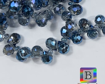 8x6mm 10” Strand Storm Blue AB Faceted Crystal Teardrop Beads for Suncatcher Jewelry, Tiny Crystal Ball Briolettes for Sun Catchers BD16