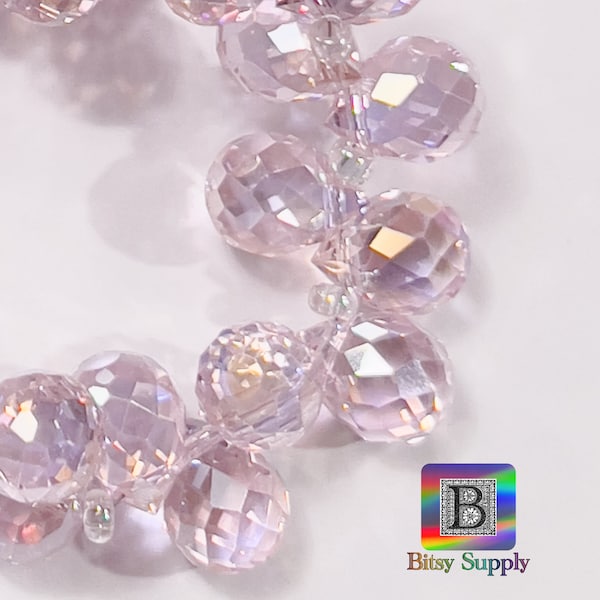 10x8mm 12” Strand Rosaline AB Faceted Crystal Teardrop Beads for Suncatcher Jewelry, Pink Crystal Ball Briolettes for Sun Catchers BD29