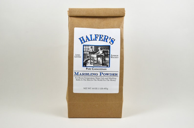 May include: A brown paper bag with a white label that reads "HALFER'S" in blue lettering. The label also includes the text "LONG LASTING", "SUPERIOR VISCOSITY", "PURE CARAGEENAN", "MARBLING POWDER", "For Room Temperature Water Gels and Marbling Baths Is The Best In The World For The Money", and "NET WT 16 OZ (1 LB) 450g".