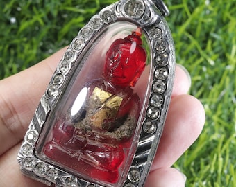 Crystal red Stone, Stone buddha, Blood Red Crystal Carved in Phra Hin, Thai amulet talisman, Phra Kaew, Pendant, Wat Phra Kaew, Charm