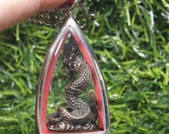 Thai Naga Amulet Pendant: Brass Serpent Necklace, Wealth & Luck