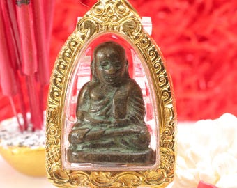 Thai Buddhist Amulet Luang Phor Ngern Brass Pendant (Waterproof Case)