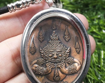 Thai amulet brass pendant, Talisman, Thai pendant, Amulet Talisman, Garuda, Rahu, Garuda coin, Mahasetthi, behind Phra Rahu, Necklace,