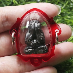 Könnte beinhalten: Kleine, dunkel gefärbte Buddha-Statue in einem transparenten Gehäuse mit rotem Rahmen. Der Buddha sitzt mit den Händen vor den Augen. Der Rahmen hat silberne Schlaufen zum Aufhängen. Der Hintergrund ist verschwommen grün.