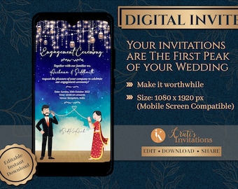 Indian Engagement Invitation: Starry Lights, Caricature (Digital Download) Wedding Invite