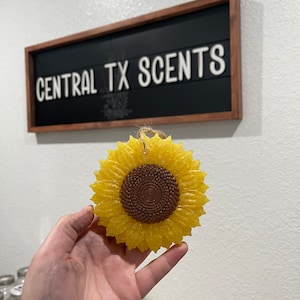 May include: A yellow wax sunflower with a brown center. The sunflower is a hanging ornament and has a string attached to the top.