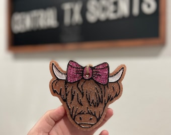 Odświeżacz powietrza-Highland Cow Bow-(Wybierz zapach i kolor)-Zapach samochodowy-Odświeżacz powietrza do samochodu-Car Freshie