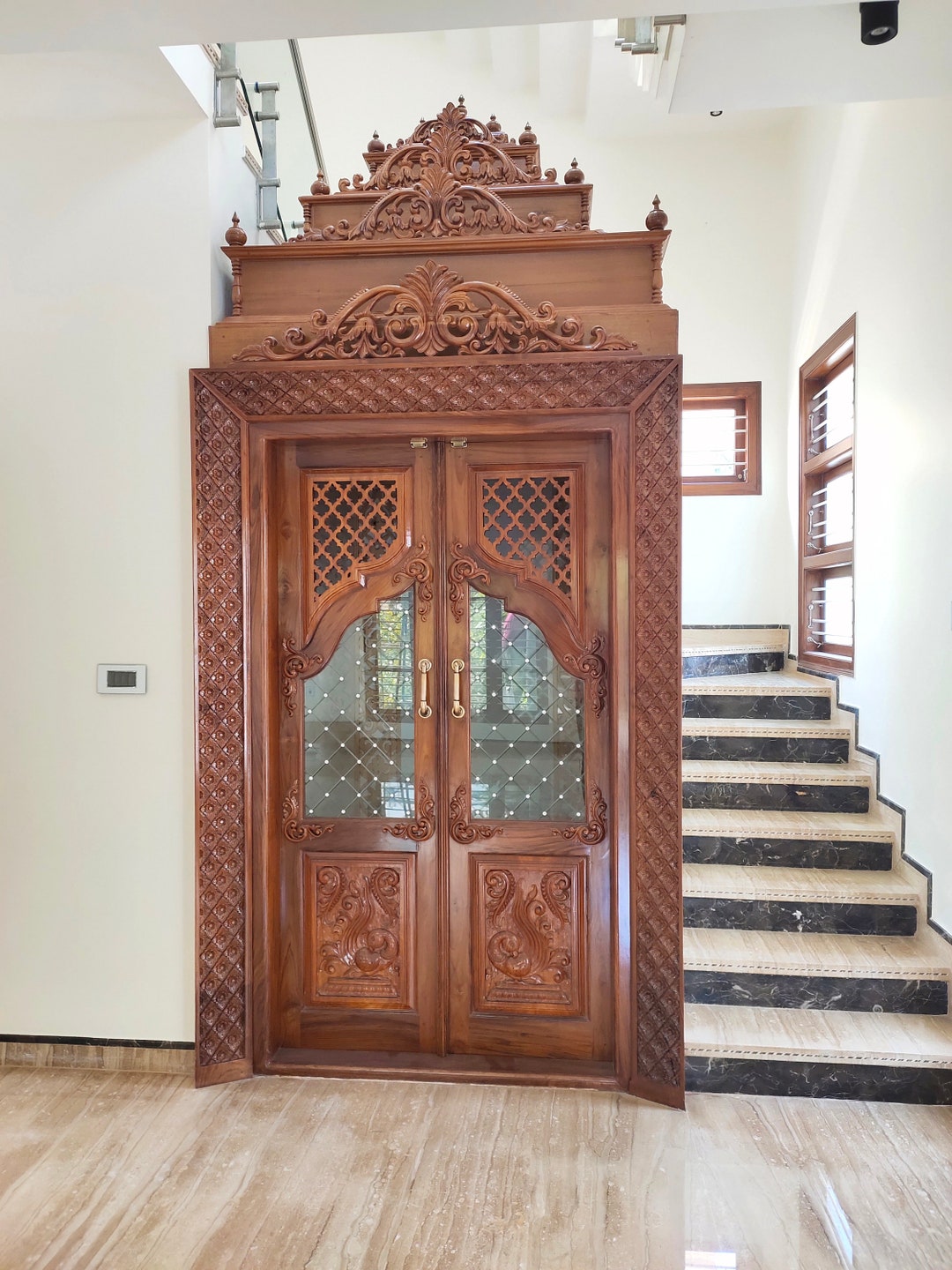 Teak Wood Pooja Room Door With Diamond Design Side Patti Etsy pooja-room-door-designs-for-indian-homes