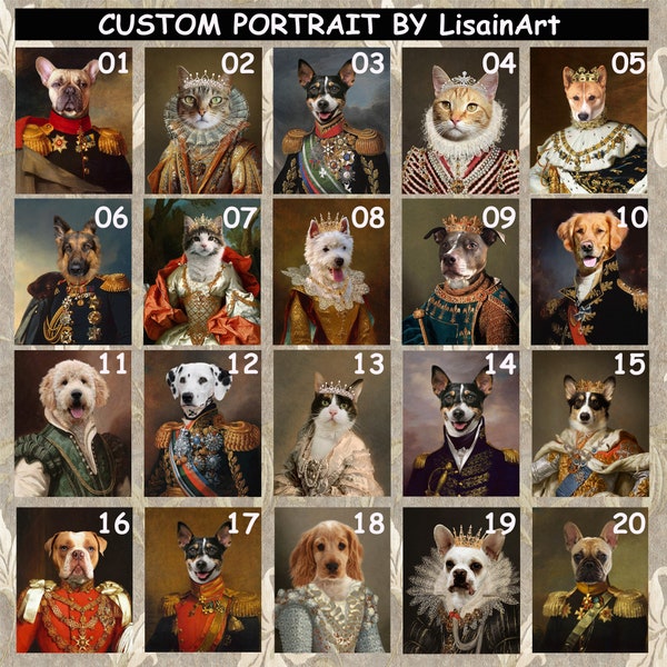 Portrait de chat personnalisé, portraits de chien royaux, cadeau fête des mères royal pour animal de compagnie, portrait de chien, cadeau de perte d'animal de compagnie, art de chat roi reine, cadeau de fête des pères