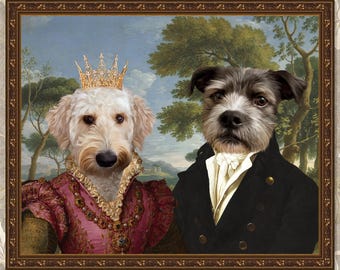 May include: A painting of two dogs dressed in royal attire. The dog on the left is wearing a gold crown and a pink and gold dress. The dog on the right is wearing a black suit with a white collar. The painting is set against a backdrop of a lush green forest.