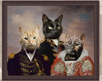 Custom Regal Group Pets Portrait, Royal Dog Portraits, Classic Family Pet Portraits, Dog Lover Gift, Pet Loss Gift, 3 King Queen Pet