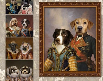 May include: A digital painting of two dogs dressed in royal attire. The dog on the left is a black and white border collie wearing a blue and gold dress. The dog on the right is a brown and white labrador wearing a red and gold military uniform. The painting is framed in a gold frame.