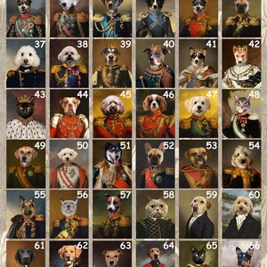 May include: A collage of 66 custom portraits of pets in a royal style. Each portrait features a pet wearing a regal outfit and a crown. The portraits are arranged in a grid of 6 rows and 11 columns. The portraits are all in a similar style, but each pet has a unique expression and pose.