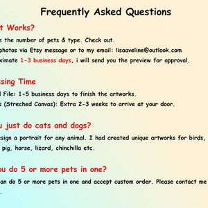 May include: Frequently Asked Questions about custom pet portraits.  The text explains the process, turnaround time, and options for multiple pets.  The email address lisaaveline@outlook.com is provided for contact.