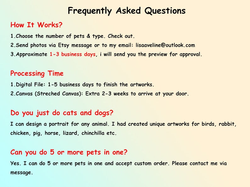 May include: Frequently Asked Questions about custom pet portraits.  The text explains the process, turnaround time, and options for multiple pets.  The email address lisaaveline@outlook.com is provided for contact.