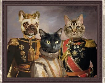 Custom Family Portrait Pet, Royal Dog Portrait, Three Pet Portraits, Fathers Day Gift, Classic Cat Portrait, Renaissance Pet Portrait 301