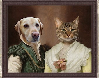 Custom Multiple Pet Portrait, Royal Pet Portrait, Dog Art Renaissance Pet Portrait Canvas, Pet Loss Gift, Dog Passed Away, Family Portrait