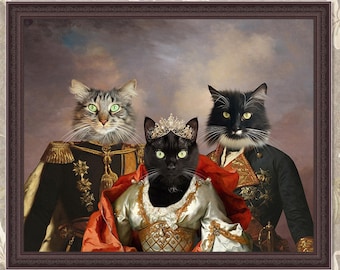 Custom Funny Multiple Pet Portrait, Custom Painted 3 Pet Portrait Royal Regal, Renaissance Pet Portrait,King Queen Pet, Pet Loss Gift 304