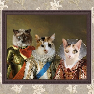 Custom Royal Pet Portrait with Human, 3 Pet Portraits, Dog Cat Portrait, Dog loss passed away, king queen dog, valentine’s day gift 305