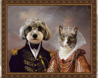 2 Pet Portrait, Pet portrait Custom, Christmas Day Gift, Dog Portrait, Cat portrait, Family Portrait, Regal Royal Animal Canvas Painting 203