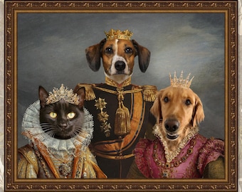 May include: A painting of three pets dressed in royal attire. A black cat with a gold crown and a white ruff is on the left. A brown and white dog with a gold crown and a military uniform is in the center. A golden retriever with a gold crown and a pink and gold dress is on the right.