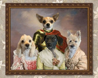 May include: A framed portrait featuring four dogs dressed in Renaissance-era attire. The dogs include a Chihuahua, a Cocker Spaniel, a black Terrier mix, and a small Terrier. The portrait is set against a muted background with a decorative frame.