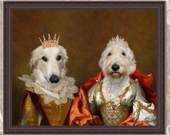 May include: A framed portrait featuring two dogs dressed in regal attire. One dog wears a gold crown and a jeweled collar, while the other is adorned with a crown and a red cape. The background is a warm, textured brown.