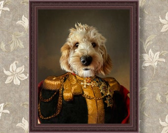 May include: A painting of a dog dressed in a gold and black military uniform with medals. The dog has a white and brown coat and is looking directly at the viewer.