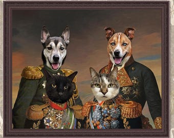 May include: A framed portrait featuring two dogs and two cats dressed in military uniforms. The animals are posed in a regal manner, with detailed gold and red accents on their jackets. The background has a vintage, painterly style.