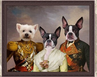 May include: A portrait of three dogs dressed in historical attire. A white dog with a black nose is wearing a gold and red military uniform. A black and white dog with a white chest is wearing a white and yellow dress. A black and white dog with a black nose is wearing a dark green and red military uniform.