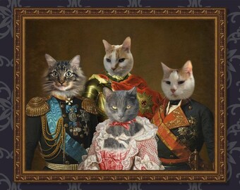 May include: A framed portrait featuring four cats dressed in regal attire. The cats are depicted in a classic, old-style painting with ornate clothing, including military uniforms and a formal gown. The frame is gold-colored.