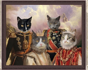 May include: A framed portrait featuring four cats with regal attire. The cats are depicted in a classical style, with one wearing a black uniform, another a red and black uniform, and two wearing crowns and ornate clothing. The background shows a mountain landscape.
