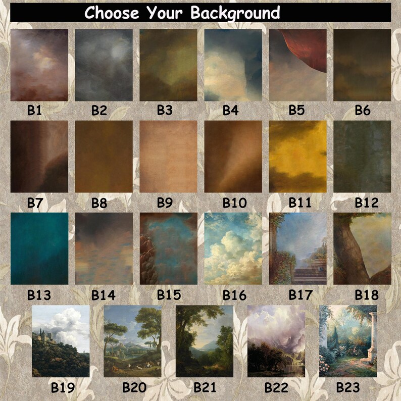 May include: A selection of 23 different background images for digital art and design. The images include a variety of styles, from abstract to realistic, and feature a range of colors and textures.