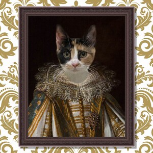 May include: A calico cat wearing a gold and white ornate costume, resembling a royal portrait.