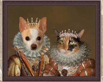 Custom Multiple Pet Portrait, Royal Pet Portrait, Dog Art Renaissance Pet Portrait Canvas, Pet Loss Gift, Dog Passed Away, 2 King Queen Pet,
