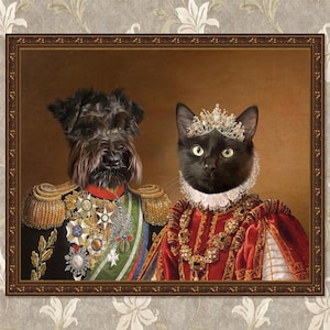 May include: A black schnauzer wearing a gold and red military uniform stands next to a black cat wearing a red and gold royal gown with a jeweled crown.