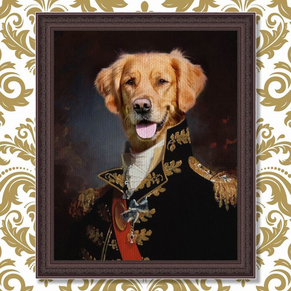 Custom Renaissance Pet Portrait, Pet Portrait in Military Uniform, Pet Memorial, Dog Portrait, Regal Pet Portrait, Unique Gift 1DZ10