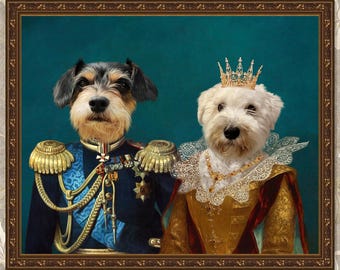 May include: A painting of two dogs dressed in royal attire. The dog on the left is wearing a blue and gold military uniform with a crown on its head. The dog on the right is wearing a gold and red dress with a crown and a necklace. The background is a teal blue.