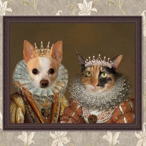 Custom Multiple Pet Portrait, Royal Pet Portrait, Dog Art Renaissance Pet Portrait Canvas, Pet Loss Gift, Dog Passed Away, 2 King Queen Pet,