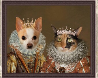 May include: A portrait of a chihuahua and a cat wearing crowns and ornate collars. The chihuahua is wearing a gold crown and the cat is wearing a silver crown. They are both dressed in elaborate clothing.