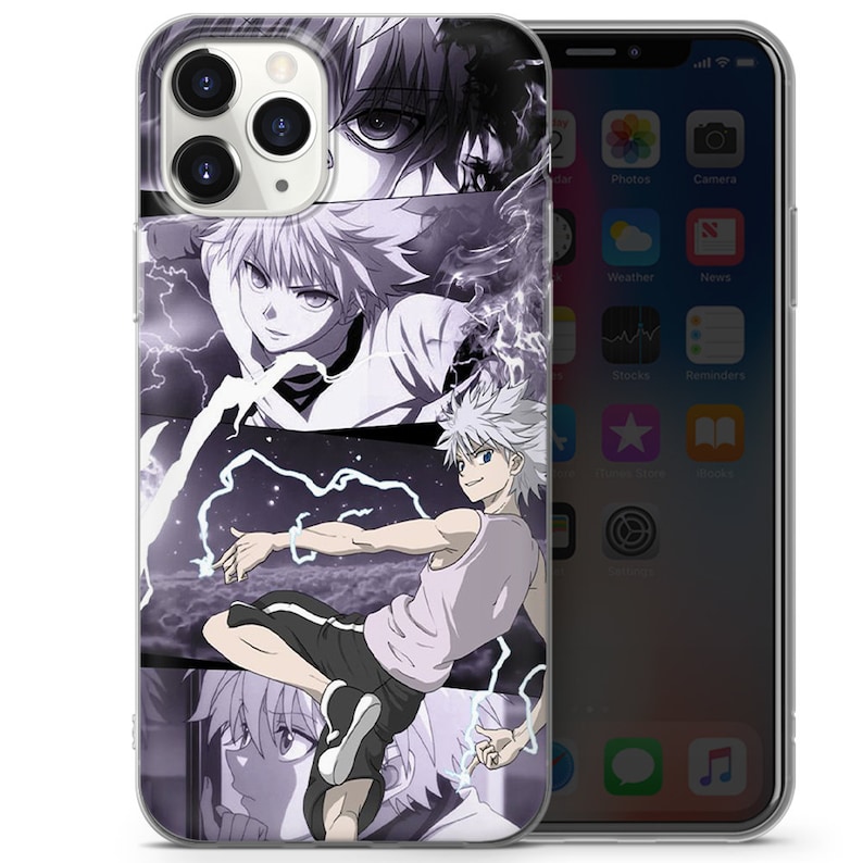 Peut inclure: Une coque de t&eacute;l&eacute;phone transparente avec un motif de personnage d'anime noir et blanc. Le personnage est un jeune homme aux cheveux blancs et un d&eacute;bardeur blanc. L'arri&egrave;re-plan est violet fonc&eacute; avec des &eacute;clairs.