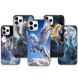 May include: A collection of phone cases featuring illustrations of winged horses, or pegasi. The cases display the mythical creatures in various settings, including a night sky with a full moon and a daytime sky with clouds.